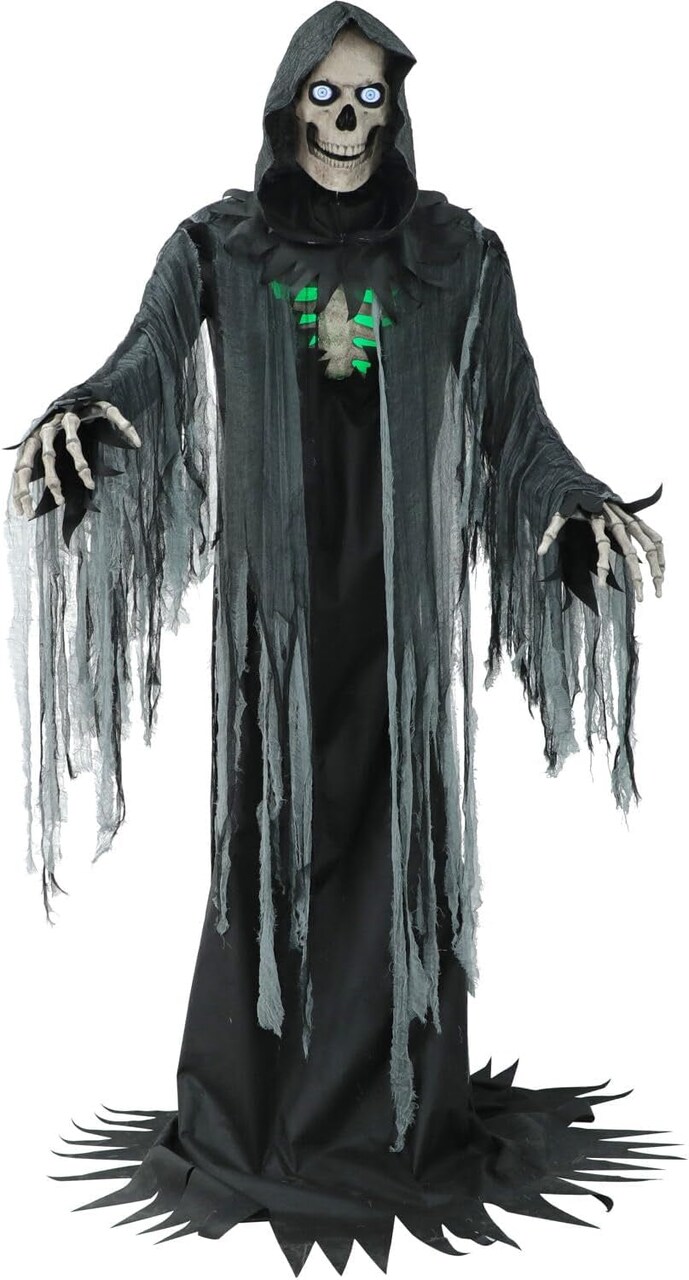 Motion-Activated 10-Ft. Tall Towering Reaper, Plug-In Talking Scare Prop Animatronic with Spooky Sound Effects and Lights for Indoor or Covered Outdoor Creepy Halloween Decoration